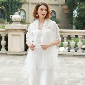 Women White Lace Shoulder <b>Shawl</b> Floral Design Fringe <b>Wrap</b> Scarf for Wedding Evening Party Dress and Elegant Outfit - Product Image 2