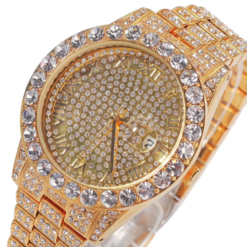 2021 top brand luxury fashion silver gold plated full iced out aaa Zircon cz women man icy bling big face dial quartz watches