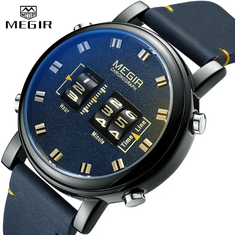 MEGIR 2137 Minimalist Watches Luxury Simple Drum Roller Quartz Mans Watches Casual Sport Waterproof Leather Watch Reloj Hombre