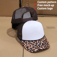 Casquette Trucker 5 Panneaux à Profil Moyen avec Dos en Maille, Imprimée, à Bord Imprimé Léopard, Logo Brodé et Impression Personnalisée, en Mousse, Vente en Gros