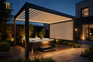 Pérgola Moderna de Aluminio RKOVE 4x4m con Pantalla Enrollable, Recubrimiento en Polvo Negro, Rectangular, para Exteriores, Independiente, para Esquina de Spa - Product Image 2