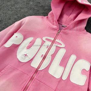 Sweat à capuche homme personnalisé style streetwear vintage, effet délavé soleil, avec patch brodé appliqué motif singe et rayures contrastées ornées de strass - Product Image 2