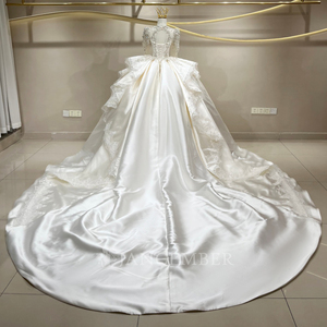 Robe de mariée JFH112 glamour en satin à col en V avec cristaux, appliques florales modernes, traîne chapelle, longueur ras du sol pour femme - Product Image 2