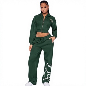 Ensemble de survêtement en molleton vert pour femme, 2 pièces, coupe décontractée, manches longues, couleur unie, pantalon de survêtement avec poche, design imprimé - Product Image 1