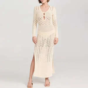 Knitwear Manufacturer Custom Spring Summer V Neck Long Sleeve Cotton Women Knit Sweater Beach Dress