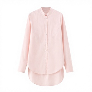 Chemise à manches longues pour femmes, col mandarin rose, boutonnée, coupe ample, couleur unie, style minimaliste, à porter en toutes saisons - Product Image 4