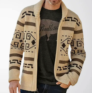 <b>Men's</b> Jacquard Knit <b>Cardigan</b> Sweater Turn-Down Collar <b>Long</b> Sleeve Zip Up Pattern Pullover <b>for</b> Autumn Winter - Product Image 6