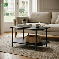Table basse en bois écologique finition noire pour salon, table d'appoint à 2 niveaux avec plateau arrondi, pieds en métal, étagère de rangement, OEM ODM