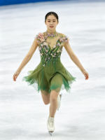 Robe de patinage artistique à col montant et manches longues, dégradé vert, ornée de fleurs 3D et de strass appliqués à la main, pour la compétition et les spectacles