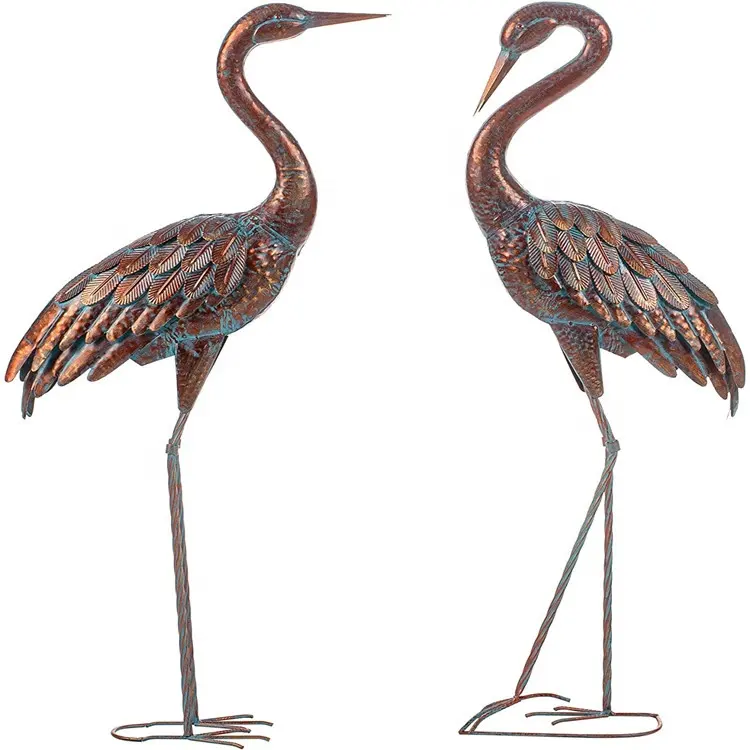 Set of 2 Decorative Metal Garden Stakes Crane Statues Patina Heron Decoy Standing Metal Crane Sculptures Bird Yard Art