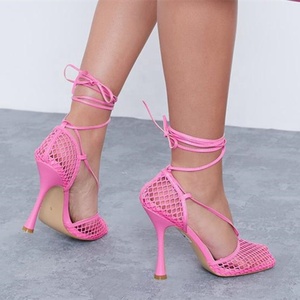 Sandalias de tacón de aguja con cordones y encaje sexy para mujer, zapatos de verano con punta cerrada, transpirables, talla 43 - Product Image 3