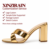 XINZI RAIN Mules à talons hauts pour femmes avec logo personnalisé Grande taille 46 Sandales à enfiler épaisses en cuir doré pour femmes