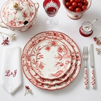 Maßgefertigtes Vintage Rotes Blumenmuster Keramik-Tellerset 6,5/8/10,5/12 Zoll Toile De Jouy Porzellan-Geschirr Hochzeit Hotel Tischdekoration