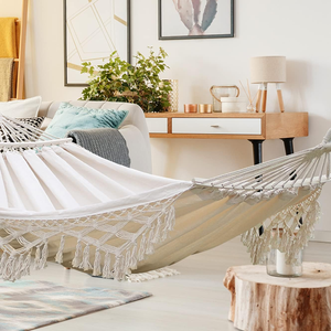 <span class=keywords><strong>Hamac</strong></span> double macramé d'arrière-cour avec pompons en tissu de toile de coton de style bohème - Product Image 2