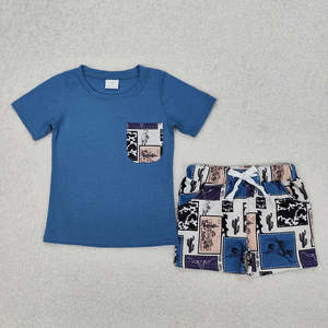 Ensembles prêts à expédier pour l'été : T-shirt bleu avec poche imprimée et short assorti pour bébés, style western - Product Image 2