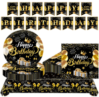 Ensemble de vaisselle et fournitures pour fête d'anniversaire pour femmes et hommes, Or et Noir, comprenant assiettes en carton, gobelets, serviettes, nappes, bannières et drapeaux