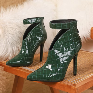Bottes basses pour femmes à talon aiguille ultra-haut de 11 cm, sexy, vert uni, avec fermeture éclair décorative et bout pointu, pour l'hiver - Product Image 4