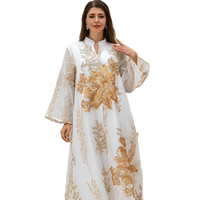 Abaya ample et respirante à col montant, broderie florale à sequins épais, manches à bordure dorée, en polyester, pour mariage musulman, style maxi kaftan