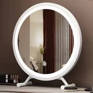 YUE Espelho de maquiagem LED com luz para mesa Espelho de vaidade redondo para quarto de mesa com luz de preenchimento para cosméticos rosa dourado atacado