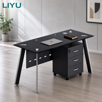 Escritorio de Oficina Moderno de Vidrio con Archivador Móvil de 3 Cajones, Patas Metálicas Extensibles Negras, Panel de Modestia, para Oficina en Casa