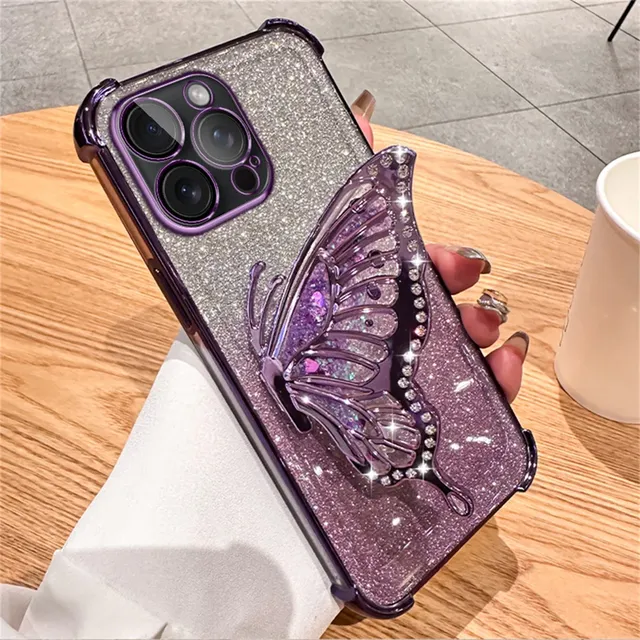 Butterfly Gradient Colors Phone Holder Glitter Plating Cases for Redmi 13C 14C 13pro Plus Silicone Desert Gold Screen Protector