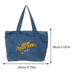牛仔肩包大容量刺绣手提袋复古旅行购物者美学女式流浪包 - Product Image 1