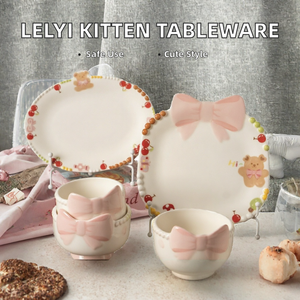 Juego de Platos de Cerámica con Relieve, Diseño Original y Lindo, con Lazo Rosa y Cuentas, Vajilla Irregular para Comer en Casa - Product Image 2