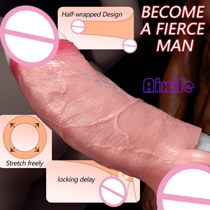 Funda realista para pene con punta abierta y anillo para bolas, de silicona suave, extensor de pene para mayor grosor - Product Image 3