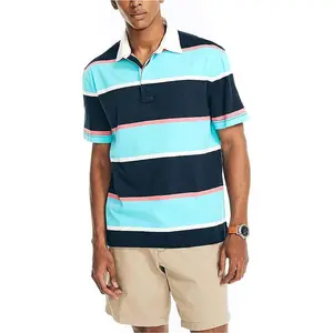 قمصان رجالي ذات أكمام قصيرة من القطن مع شعار مخصص قمصان بولو نمط جولف الرجبي قمصان بولو ذات خطوط الفيروز للرجال