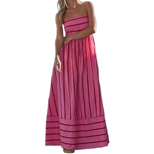 ชุดเดรสลำลองลายทางสีชมพูแดงคุณภาพสูงสำหรับฤดูใบไม้ผลิและฤดูร้อน สายเดี่ยวแบบสปาเก็ตตี้ เหมาะสำหรับใส่ไปเที่ยวชายหาด - Product Image 1