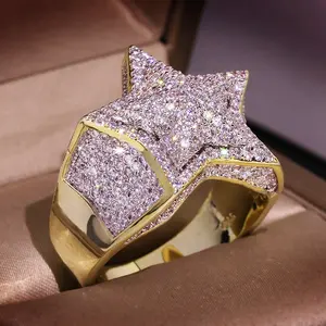 Bling Star Pentagram Ring Hip Hop Fashion Jewelry for Women Man Wedding Engagement Ring with Zircon Stone Gold Opp Bag 5 Pcs