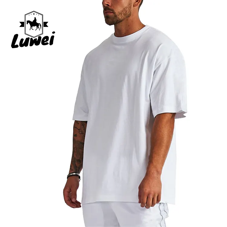 Camiseta de cor sólida com caimento no ombro, camiseta de malha para homens, 95% algodão, gola em o, pescoço em branco