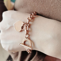 Double fermoir à bascule en or 14K, pour Bracelets en acier inoxydable, 316L, poli, breloques gravées en forme de cœur, chaîne à maillons