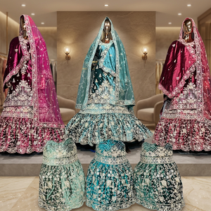 Veer Zara Velvet Bridal Gharara avec Double Dupatta Full Heavy Flare et Jarkan Stone Detailing pour un look de mariée grandiose - Product Image 3