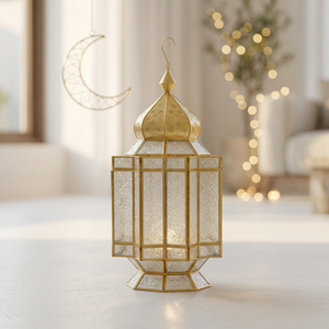 2027 Ramadan Decorative <b>Brass</b> Metal Moroccan Candle <b>Lantern</b> with Floral Glass for Table and Hanging - Product Image 1