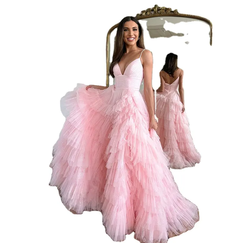 Bridalaffair 2023 Evening Gowns Pink Prom Dresses Tiered Ruffles Tulle Pleat plus size evening dress Women short party dress