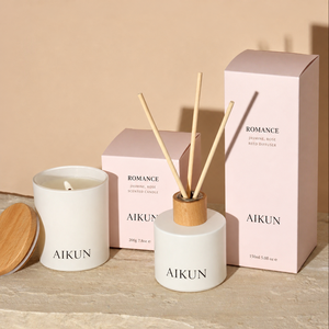 Aikun Sandalwood 3 Piece Amber Glass Home Fragrance Gift Set with Scented Candle <b>Room</b> Spray Reed Diffuser OEM ODM Packaging - Product Image 2