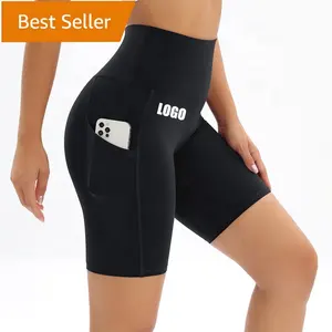 女性健身自行车短裤氨纶柔软高腰腹部控制裤紧身衣健身房运动瑜伽跑步短裤带口袋