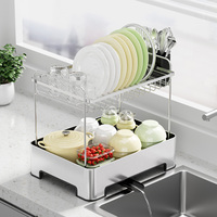 WIREKING rak pengering piring dapur rumah tangga, rak barang dapur 2 tingkat, Rak pengering piring baja tahan karat tahan debu wastafel piring Hotel