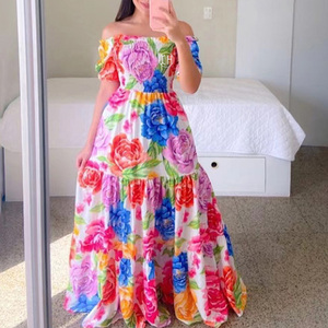 Personalizzare Sexy manica corta moda floreale Off-spalla lunga gonna stampata vacanza una linea lungo lungo a strati Maxi abito da donna - Product Image 3