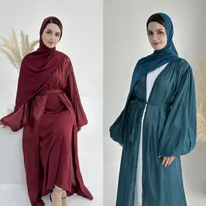 2024 Wholesale Turkish Luxury Modest Dubai Abaya Balloon Sleeve Women Muslim Dress Robe Shining Satin Silk Open Kimono Abaya