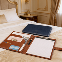 Porte-documents professionnel en cuir PU bleu format A4 avec bloc-notes et porte-klip
