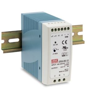 Alimentation électrique sur rail DIN Mean Well DRA-60-24, 60W, 24V, 2,5A, sortie simple, entrée 100-240VAC, refroidissement par convection naturelle - Product Image 1