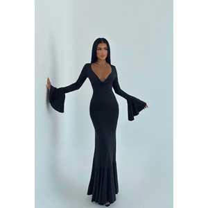 Robe de soirée formelle noire à manches longues, taille empire, coupe trapèze, en polyester tissé, imprimée et brodée, tailles XS à XL - Product Image 2