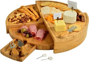 Planche à fromage ronde en bambou gravée sur mesure, plateau à charcuterie pivotant en bambou avec ensemble de couteaux - Product Image 2