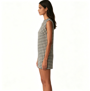 Abito Mini Aderente da Donna Nero e Bianco a Quadretti Senza Maniche con Collo Tondo, Vestito Corto Estivo Retrò per Uso Quotidiano e Feste - Product Image 2