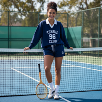 Ensemble de survêtement de tennis pour femmes, sweat-shirt à col polo contrastant, short de survêtement imprimé, bleu marine, ensemble de survêtement 2 pièces, vente en gros