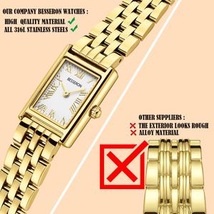 Montre-bracelet carrée de luxe pour femme Besseron en acier inoxydable, design simple à quartz, mouvement japonais, style affaires/mode, bracelet en cuir S - Product Image 3