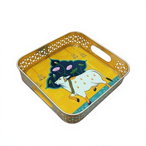 Elegant metal iron <b>tray</b> Pichwai <b>tray</b> <b>basket</b> Serving gifting decoration Festival hamper <b>tray</b> Decorative <b>tray</b> for home - Product Image 1