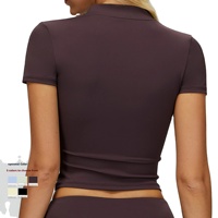 Haut de sport de yoga à manches courtes, col boutonné, motif en polaire 3D, spandex/nylon, pour la course à pied en plein air, le fitness